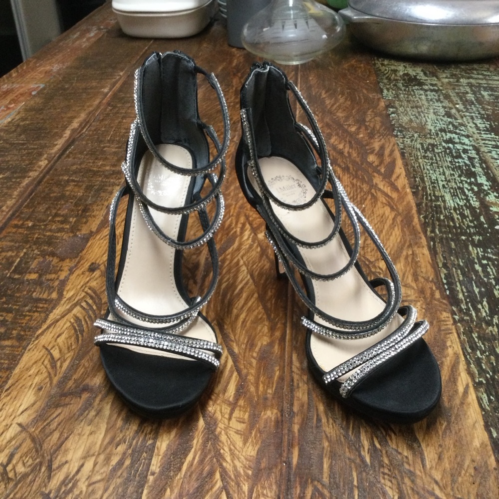 J. Miller Black Satin Rhinestone Embellished Strappy Stiletto Heels Size 7 - Picture 3 of 12